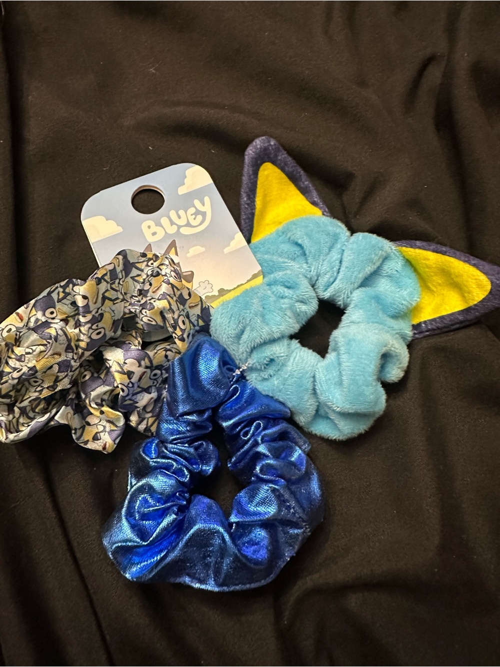 Bluey Kids 3-Pack Blue Scrunchie Set with Cat-Ear Plush Accent